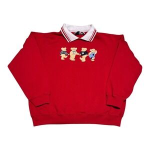 Vintage 90s Bold Spirit Red Teddy Bear Collared Sweatshirt Women's‎ M FLAWS